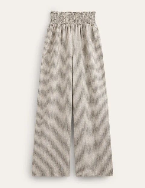 Linen Shirred Waist Trousers Natural Women Boden, Camel and Black Lurex Stripe