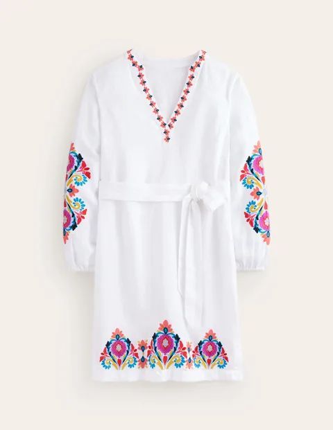 Cleo Embroidered Linen Dress White Women Boden, White Embroidered