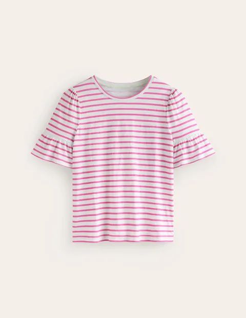 Crew Neck Frill Cuff T-shirt Pink Women Boden, Ivory, Sangria Sunset