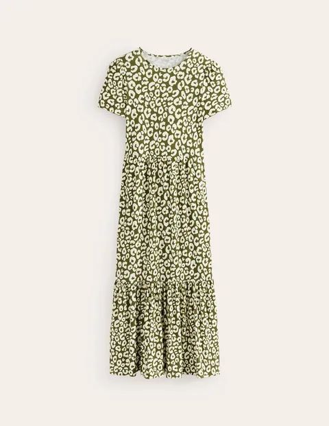 Emma Tiered Jersey Midi Dress Green Women Boden, Moss, Animal Cheetah