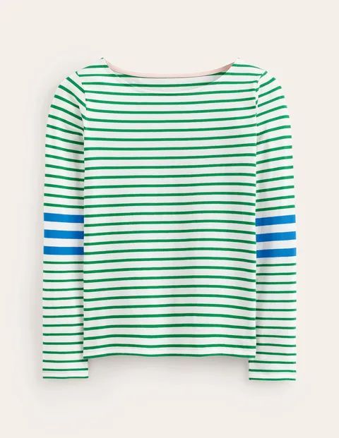 Ella Long Sleeve Breton Green Women Boden, Green, Blue Stripe