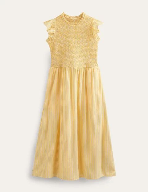 Smocked Cotton Midi Dress Yellow Women Boden, Honeycomb, Leno Stripe
