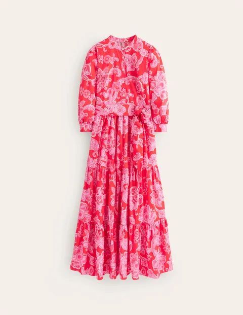 Alba Tiered Cotton Maxi Dress Pink Women Boden, Flame Scarlet, Cascade Paisley
