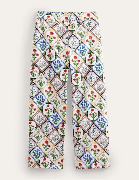 Printed Straight Trousers White Women Boden, Ivory, White Bluebell