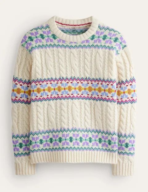 Cable Knit Fair Isle Jumper White Women Boden, Warm Ivory