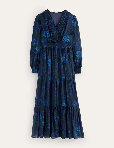 Floral Ruffle-Neck Maxi Dress Blue Women Boden, Navy, Freesia