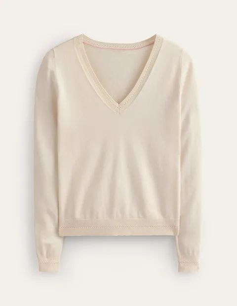 Catriona Cotton V-Neck Jumper White Women Boden, Warm Ivory