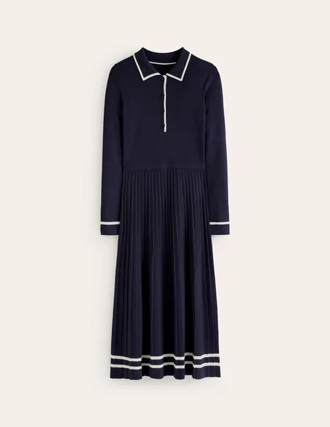 Mollie Pleated Knitted Dress Blue Women Boden, Navy Warm Ivory