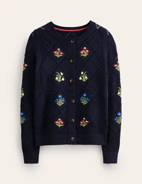 Cotton Embroidered Cardigan Blue Women Boden, Navy
