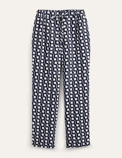 Relaxed Linen Pull On Trousers Blue Women Boden, Navy, Cube Geo