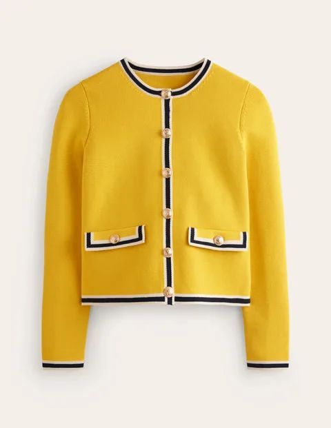 Holly Knitted Jacket Yellow Women Boden, Mimosa Yellow, Navy Tipping