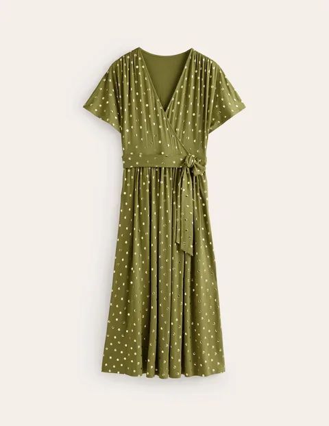 Kimono Wrap Jersey Midi Dress Green Women Boden, Mayfly, Scattered Foil Spot