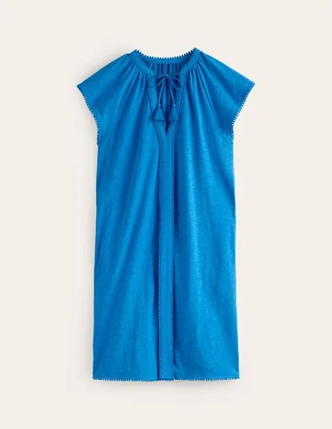 Millie Pom Cotton Dress Blue Women Boden, Brilliant Blue