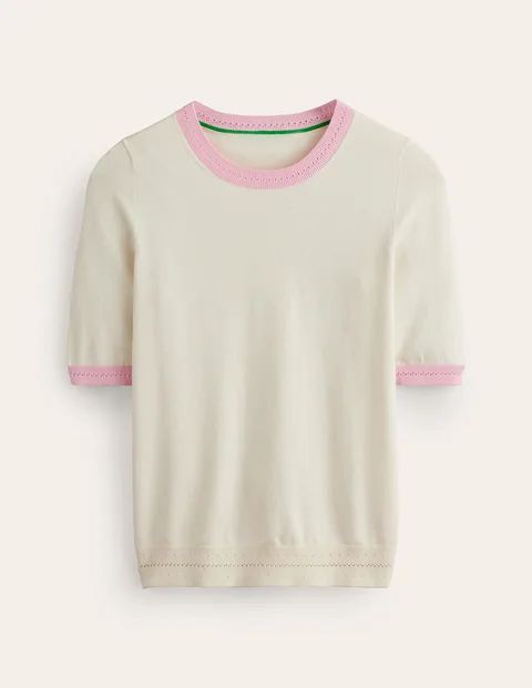 Catriona Cotton Crew T-Shirt White Women Boden, Warm Ivory/Spring Blossom Pink