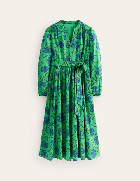 Jen Cotton Midi Dress Green Women Boden, Ming Green, Peony Sprig