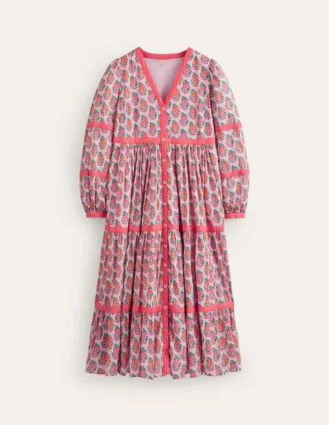 Tiered Midi V Neck Dress Pink Women Boden, Fragrent Lily, Paisley