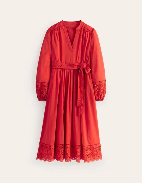 Jen Broderie Cotton Midi Dress Orange Women Boden, Vermillion Red