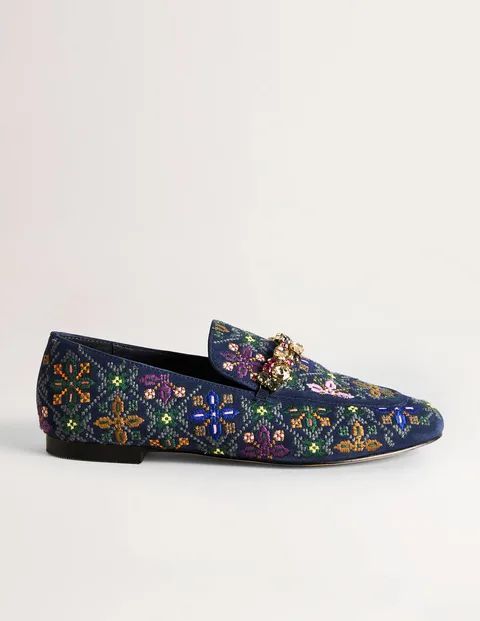 Embellished Trim Loafers Navy Women Boden, Navy Embroidered