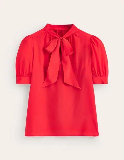 Pussy-Bow Silk Blouse Red Women Boden, Flame Scarlet