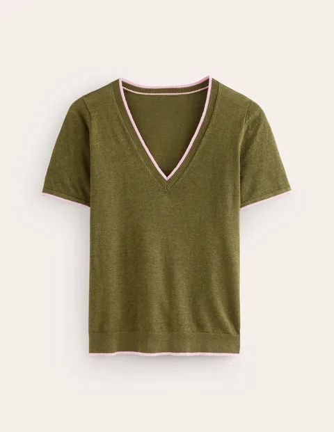 Maggie V-Neck Linen T-Shirt Green Women Boden, Spruce Green