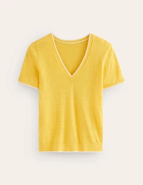Maggie V-Neck Linen T-Shirt Yellow Women Boden, Daffodil Yellow
