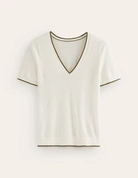 Maggie V-Neck Linen T-Shirt White Women Boden, Warm Ivory