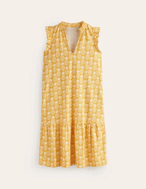 Daisy Jersey Short Tier Dress Yellow Women Boden, Ceylon Yellow, Pineapple Geo