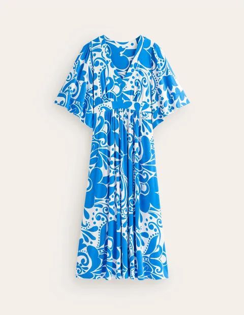 Kimono Jersey Maxi Dress Blue Women Boden, Indigo Bunting, Ripple Swirl