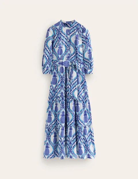 Alba Tiered Cotton Maxi Dress Blue Women Boden, Surf The Web, Pineapple Wave