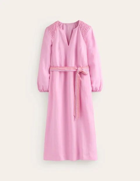 Linen Midi Smocked Dress Pink Women Boden, Sweet Lilac