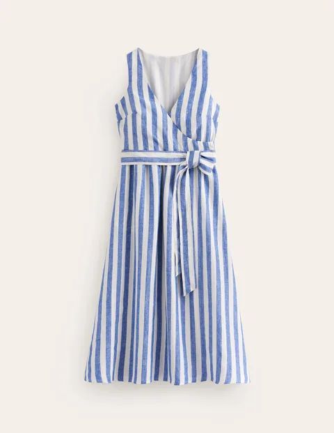 Linen Wrap Midi Dress Blue Women Boden, Surf The Web and Ivory