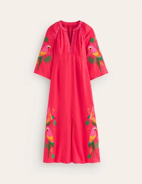 Una Linen Embroidered Dress Red Women Boden, Hibiscus