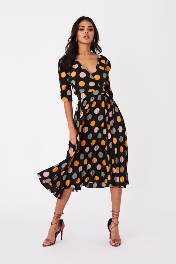 Pasco Black Spot-Print Pleated Midi Dress size: 6 UK