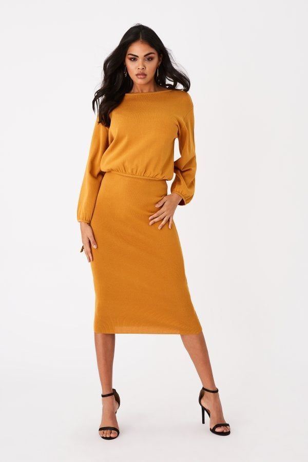 Admire Mustard Knitted Midi Skirt Co-ord size: S