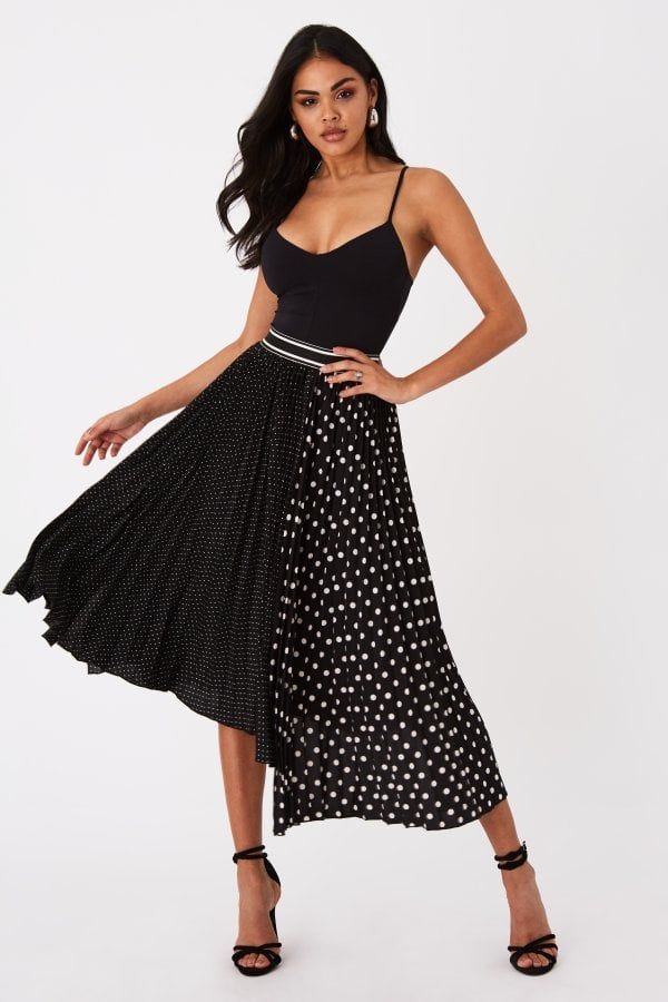 Charity Black Polka-Dot Asymmetric Pleated Midi Skirt si