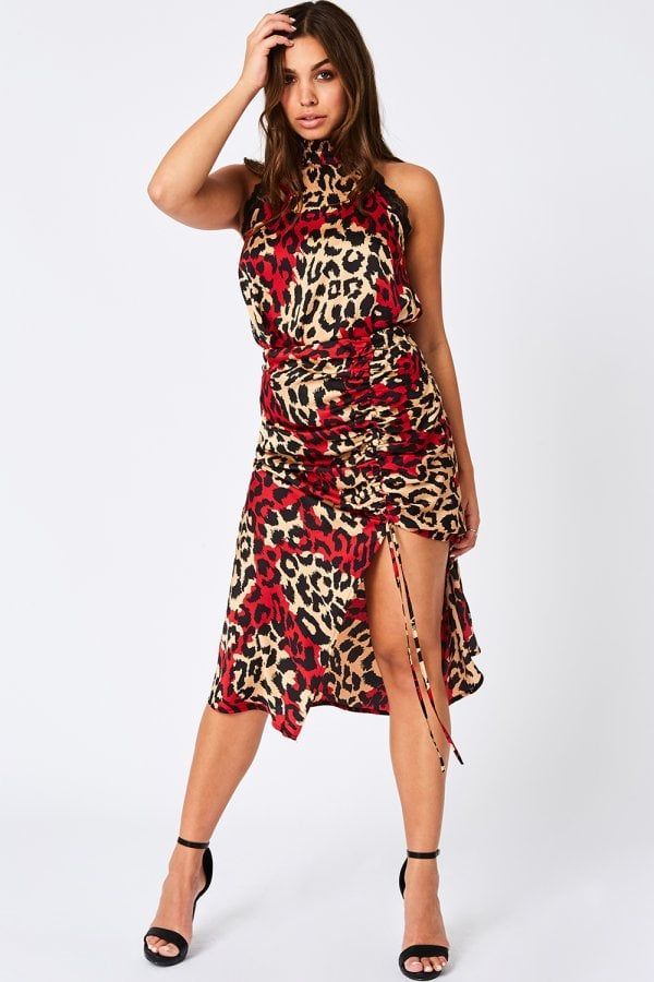 Cressida Red Leopard-Print Satin Midi Skirt Co-ord size: