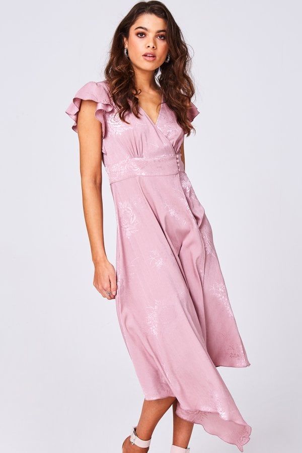 Halo Pink Floral-Print Satin Hanky Hem Midi Dress size: