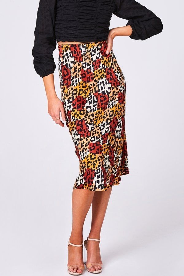 Frenzy Orange Leopard-Print Satin Slip Midi Skirt size: