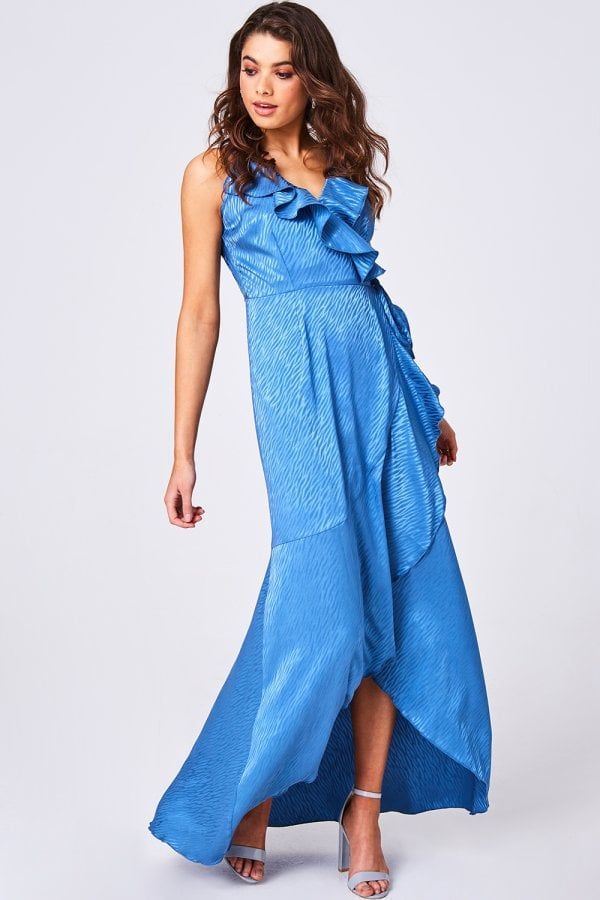 Glory Blue Animal-Print Satin Frill Maxi Wrap Dress size