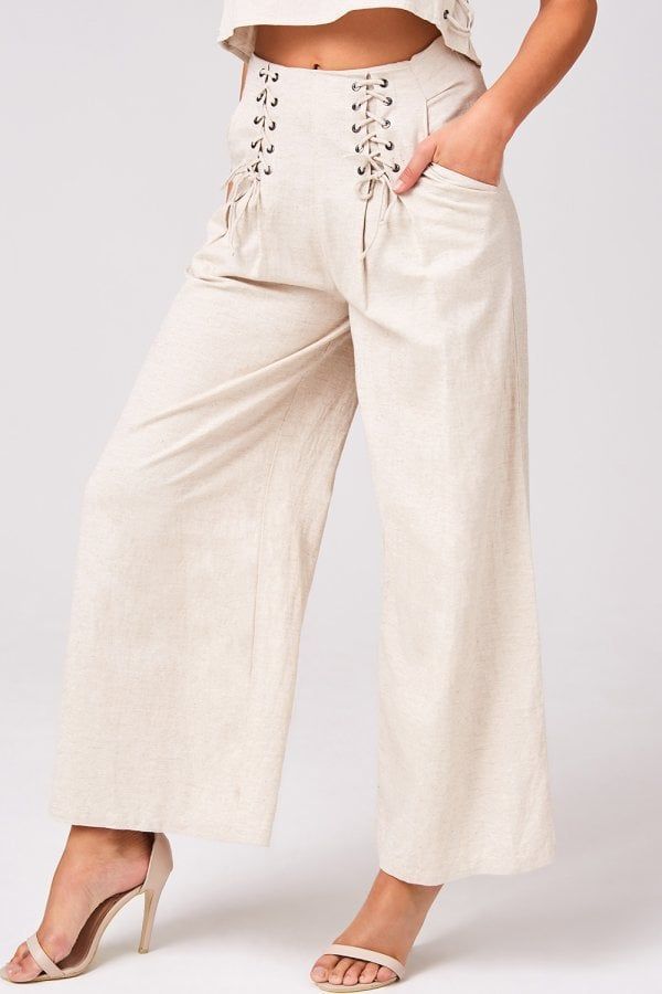 Origin Beige Linen Lace-Up Detail Trousers Co-ord size: