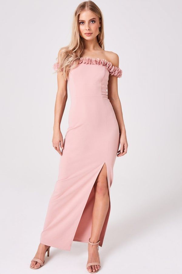 Splendour Dusty Pink Floral-Trim Bardot maxi Dress size: