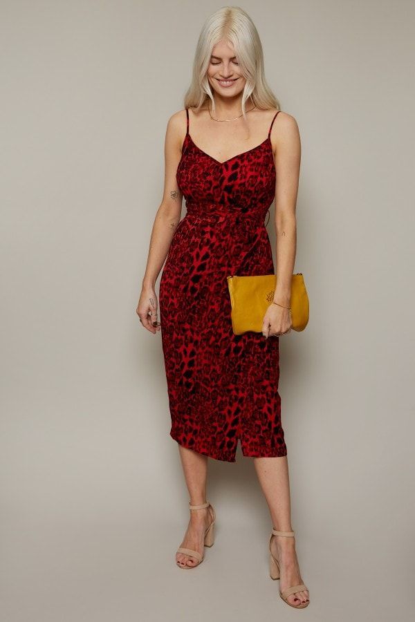 Nava Satin Slip Dress In Leopard size: 6 UK, colour: Red