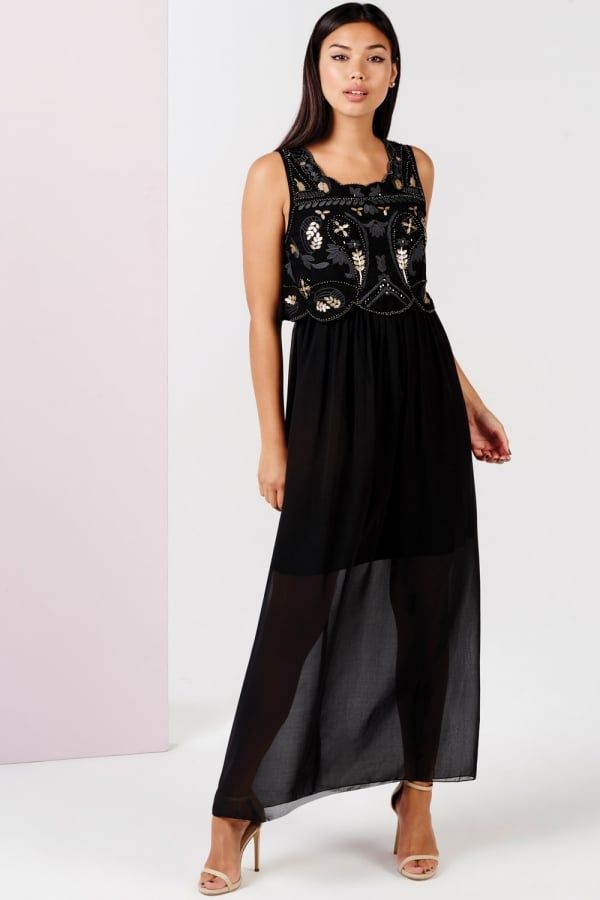 Black Embellished 2 In 1 Maxi Dress size: 10 UK, colour: