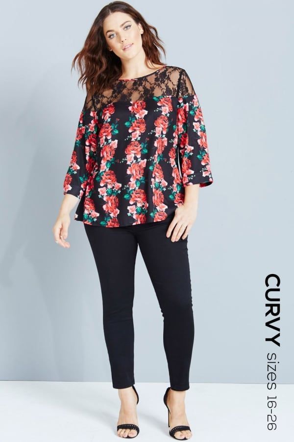Rose Print Top With Lace size: 16 UK, colour: Floral Pri