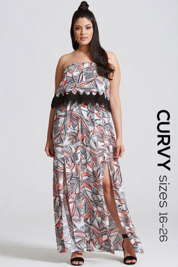 Coral Print Bandeau Maxi Dress with Lace size: 16 UK, co