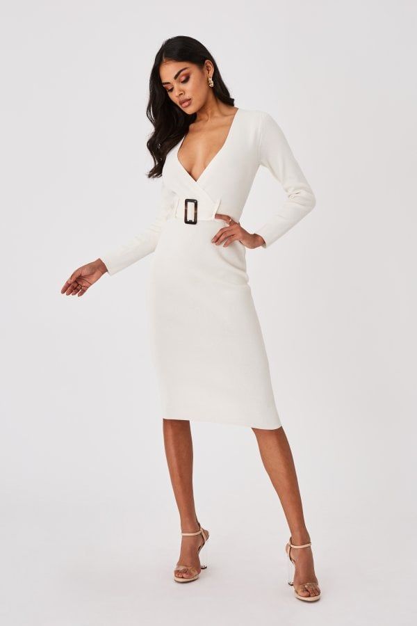 Capsule White Belted Bodycon Midi Dress size: S