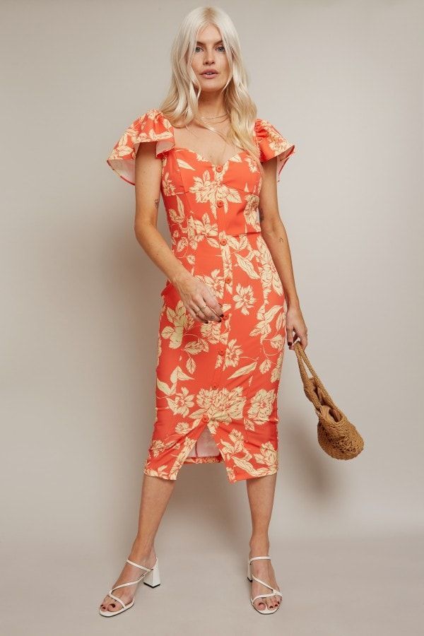 Carson Warm Orange Floral-Print Sweetheart Midi Dress size