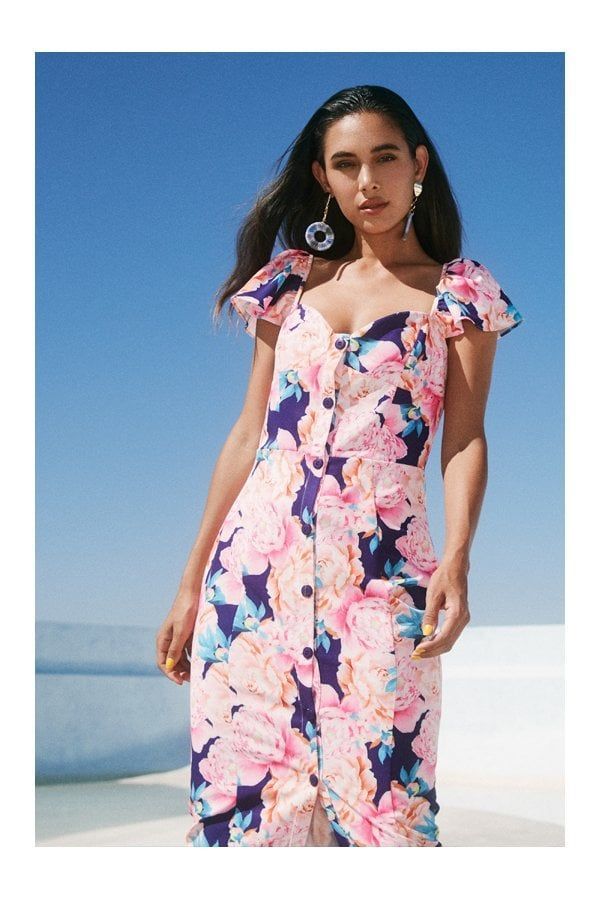 Carson Navy Peony Floral-Print Sweetheart Midi Dress size: