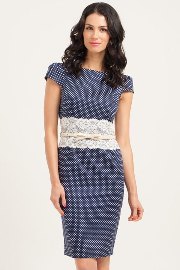 Navy & Cream Polka Dot Lace Middle Bodycon Dress size: