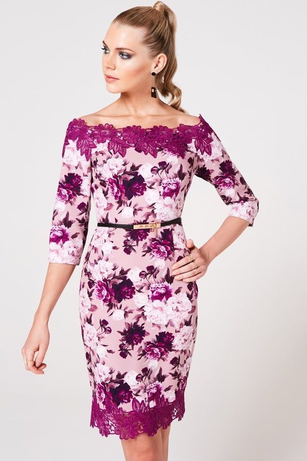 Pembroke Dusty Blush Floral-Print Belted Bardot Dress size